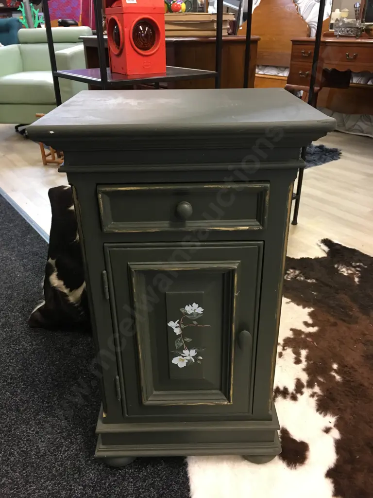 Country Corner Design Storage Cabinet Painted Green With Floral Detail Single Door Single Drawer H71,W41,D34.5cm. Image 1++