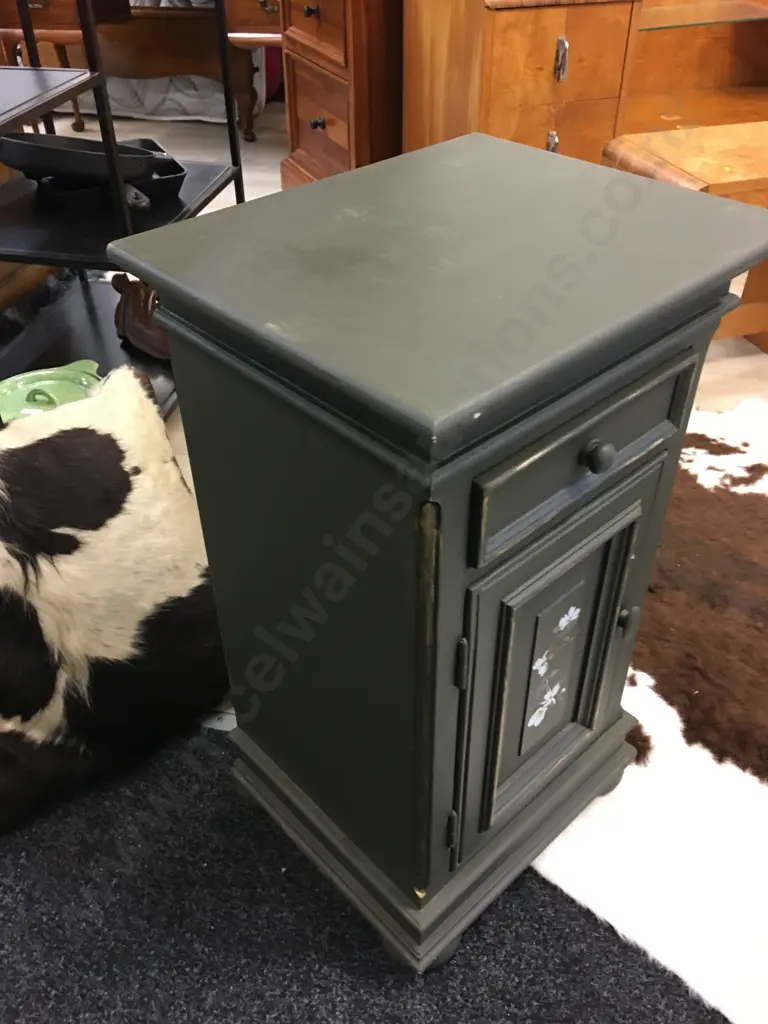 Country Corner Design Storage Cabinet Painted Green With Floral Detail Single Door Single Drawer H71,W41,D34.5cm. Image 1++