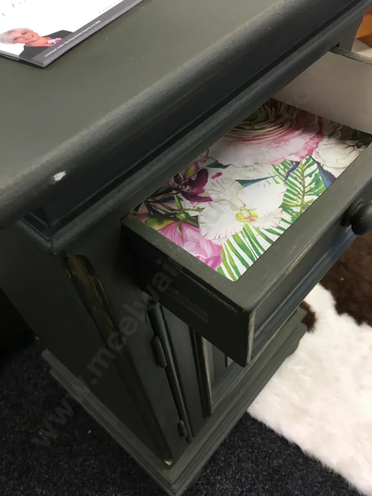 Country Corner Design Storage Cabinet Painted Green With Floral Detail Single Door Single Drawer H71,W41,D34.5cm. Image 1++