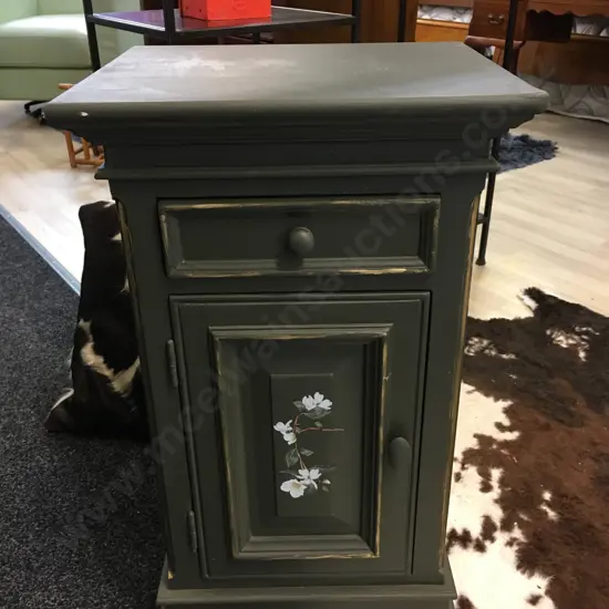 Country Corner Design Storage Cabinet Painted Green With Floral Detail Single Door Single Drawer H71,W41,D34.5cm.