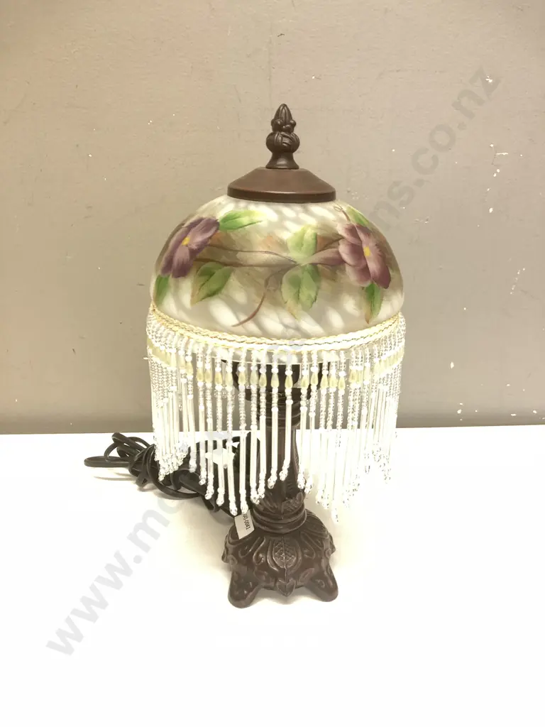 Tiffany Style Lamp With Beaded Floral Shade. H31cm Image 1++