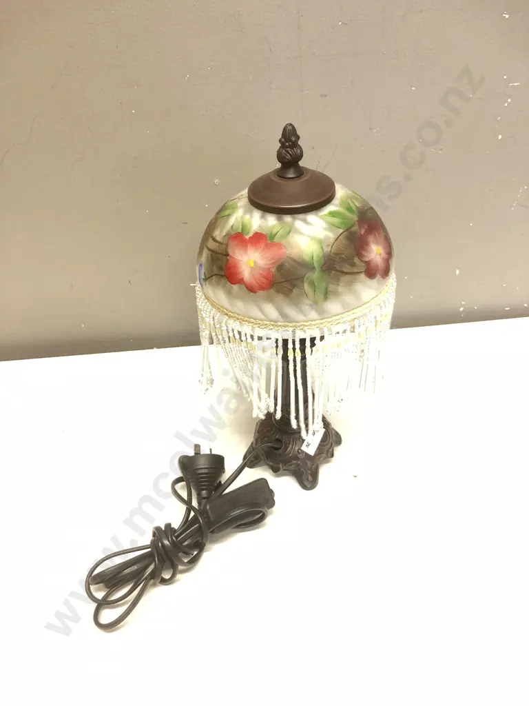 Tiffany Style Lamp With Beaded Floral Shade. H31cm Image 1++