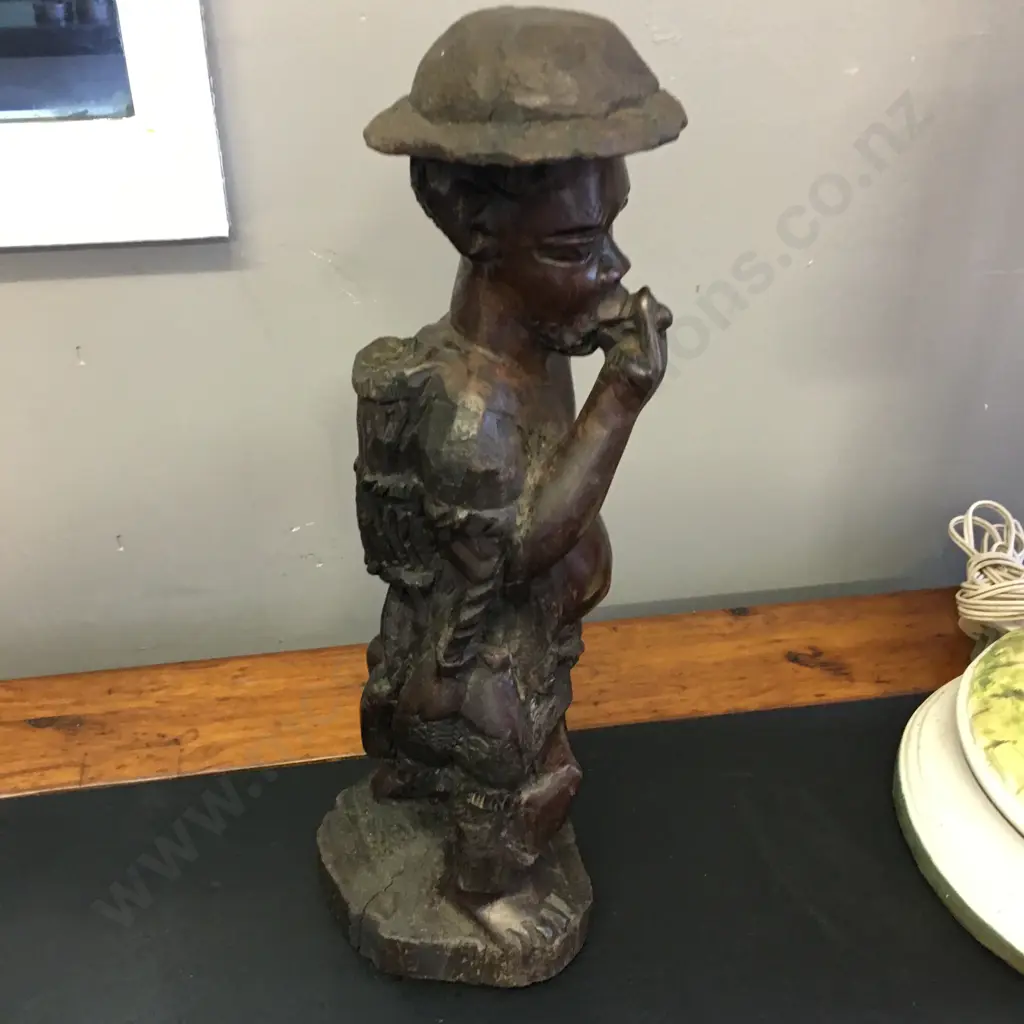 Zimbabwe Hand Carved Wooden Man With Fish. H35cm Image 1++