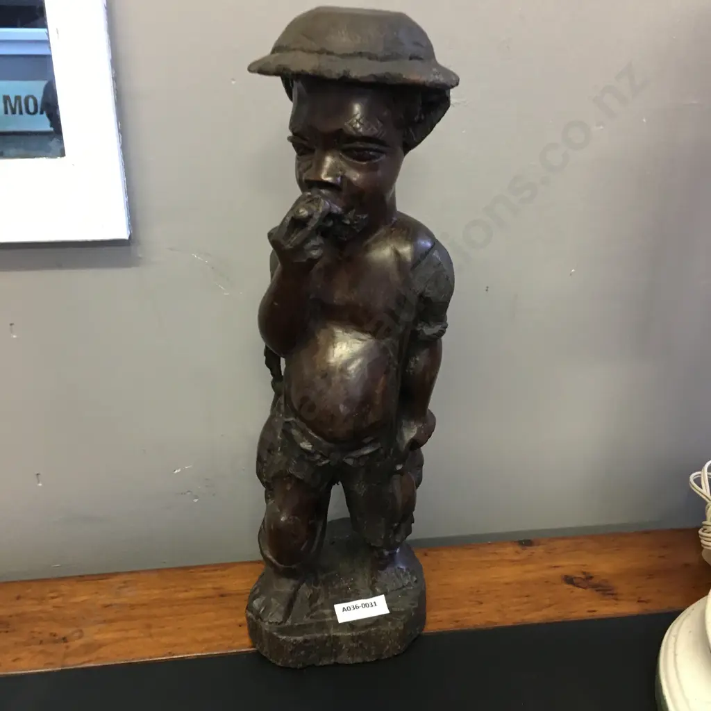 Zimbabwe Hand Carved Wooden Man With Fish. H35cm Image 1++