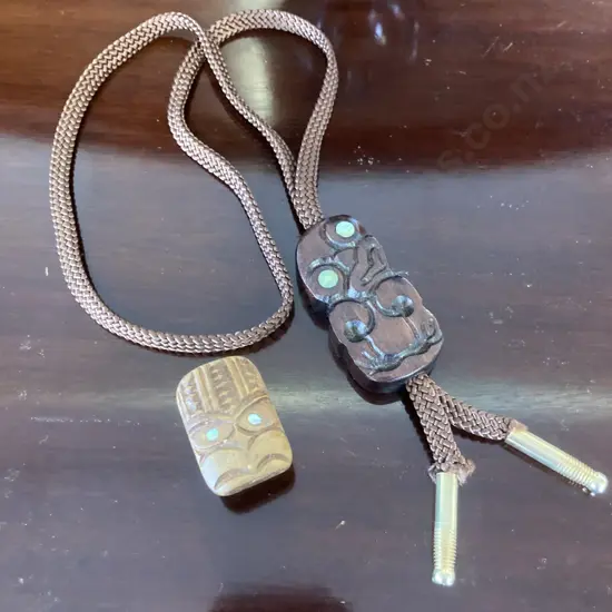 Vintage New Zealand Hand Carved Tiki With Paua Eyes Bolo Tie & Pencil Sharpener