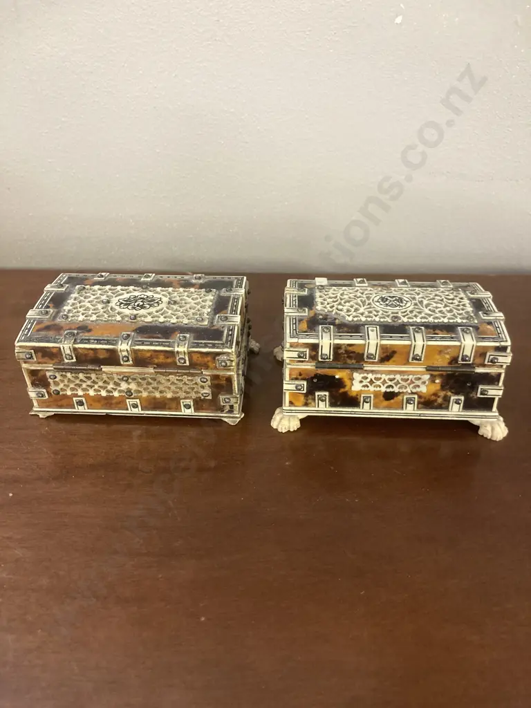 Pair of Antique Ivory? & Tortoise Shell Inlaid Jewellery Trinket Boxes, Hinged Lids (As Found Condition) Image 1++