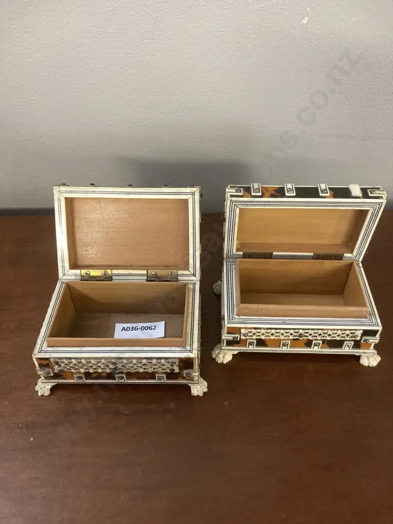 Pair of Antique Ivory? & Tortoise Shell Inlaid Jewellery Trinket Boxes, Hinged Lids (As Found Condition) Image 1++