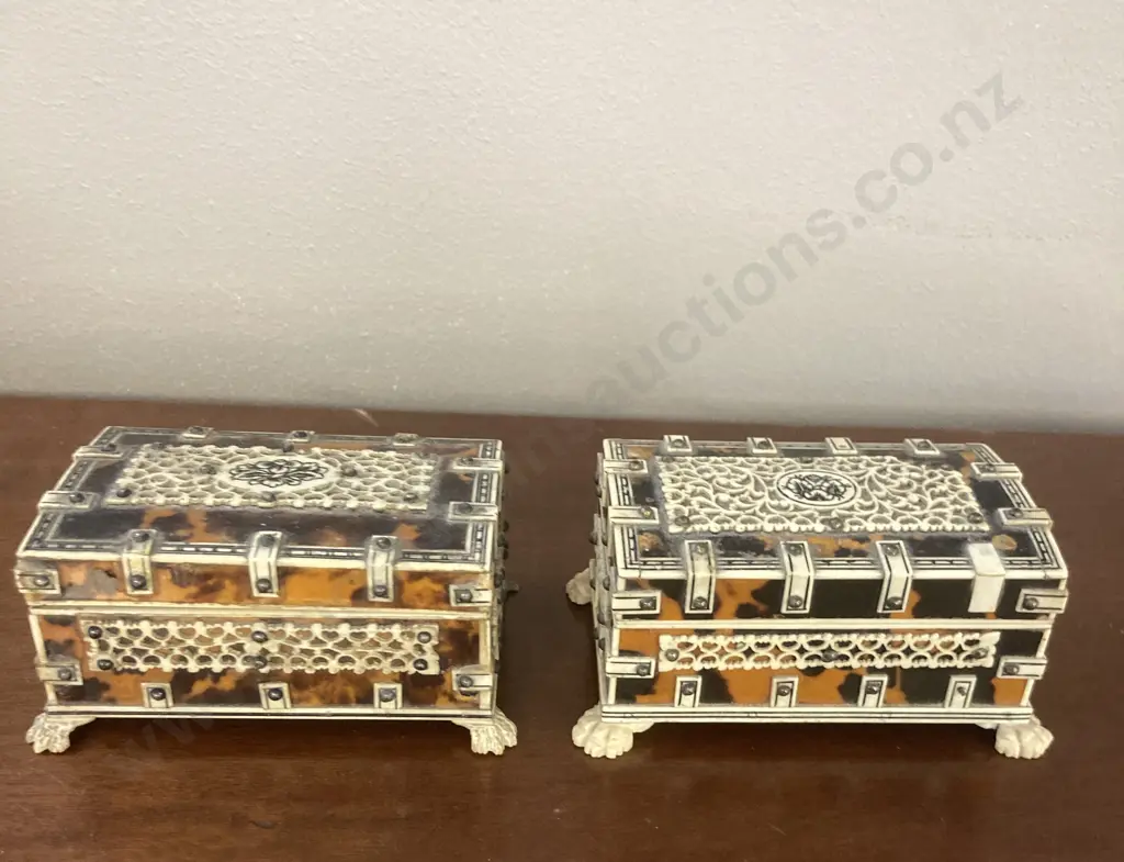 Pair of Antique Ivory? & Tortoise Shell Inlaid Jewellery Trinket Boxes, Hinged Lids (As Found Condition) Image 1++