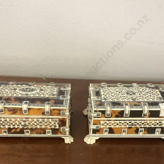 Pair of Antique Ivory? & Tortoise Shell Inlaid Jewellery Trinket Boxes, Hinged Lids (As Found Condition)