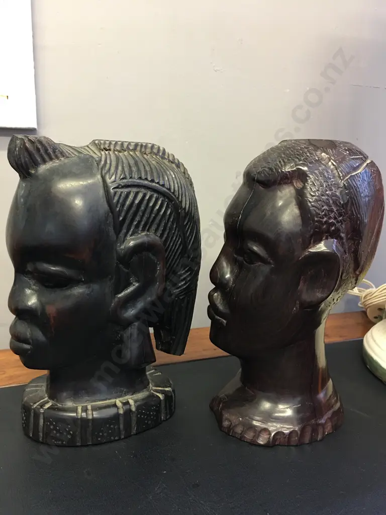 Pair of Small Heavy African Ebony Busts. 17 x 10 & 17 x 8cm Image 1++