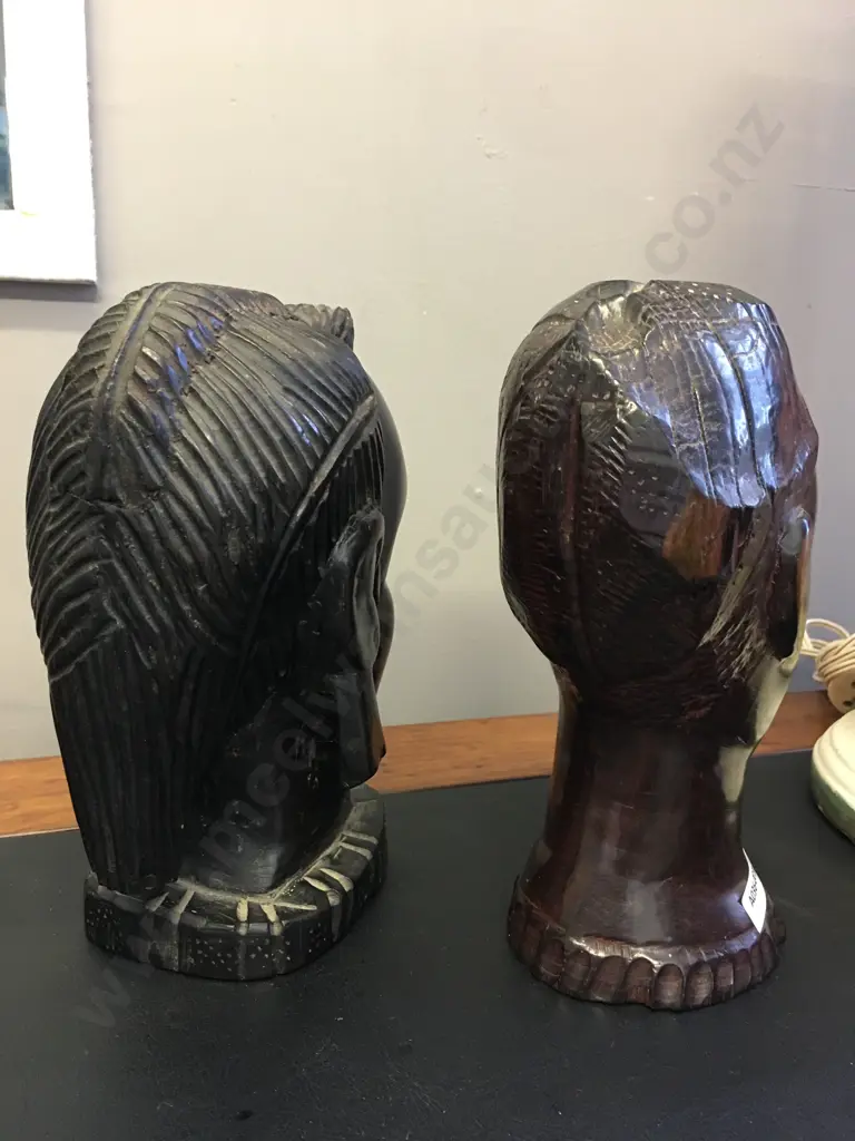 Pair of Small Heavy African Ebony Busts. 17 x 10 & 17 x 8cm Image 1++