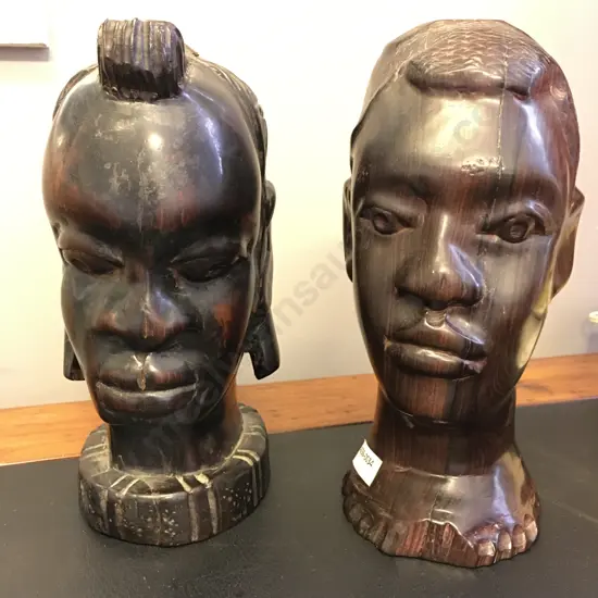 Pair of Small Heavy African Ebony Busts. 17 x 10 & 17 x 8cm