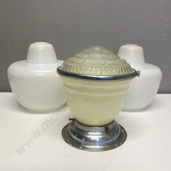 Art Deco Glass Ceiling Light Shade & Pair of Retro White Patterned Glass Shades