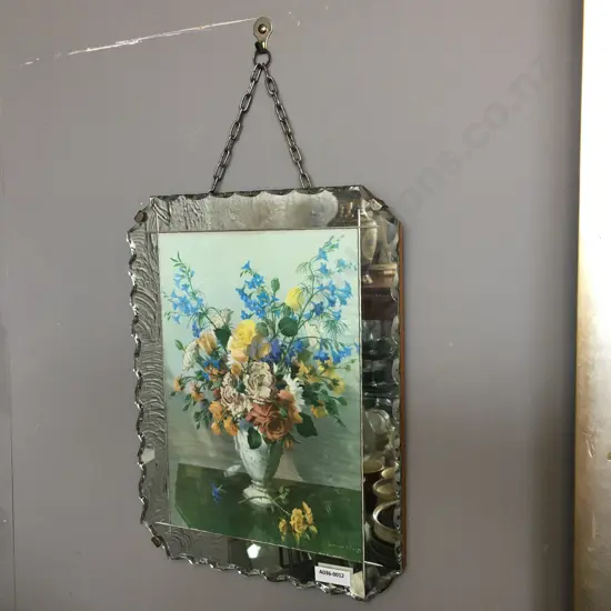 Vintage Art Deco Vernon Ward Still Life Print Scalloped Piecrust Edge Picture Mirror. 33 x 26cm