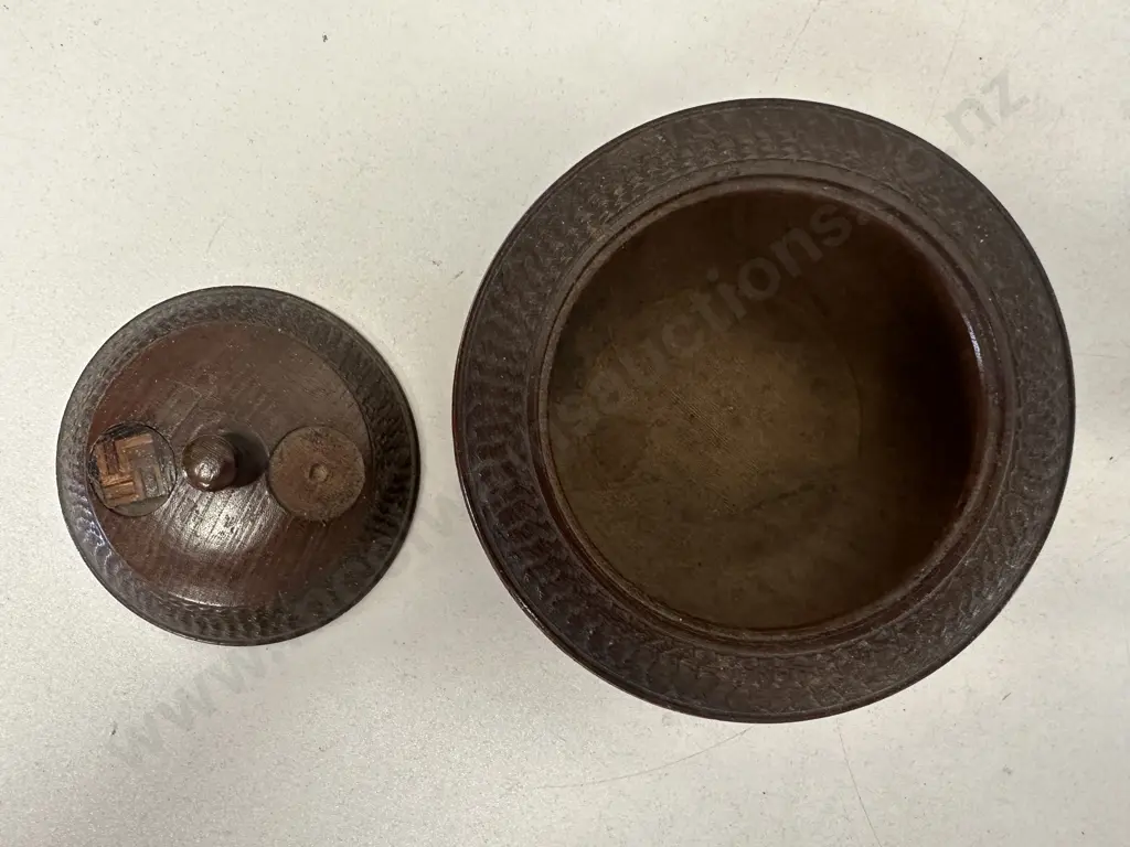 Antique Swirling Log (Good Luck Swastika) Wooden Trinket / Tobacco Bowl With Lid, Indian (As Found) Image 1++