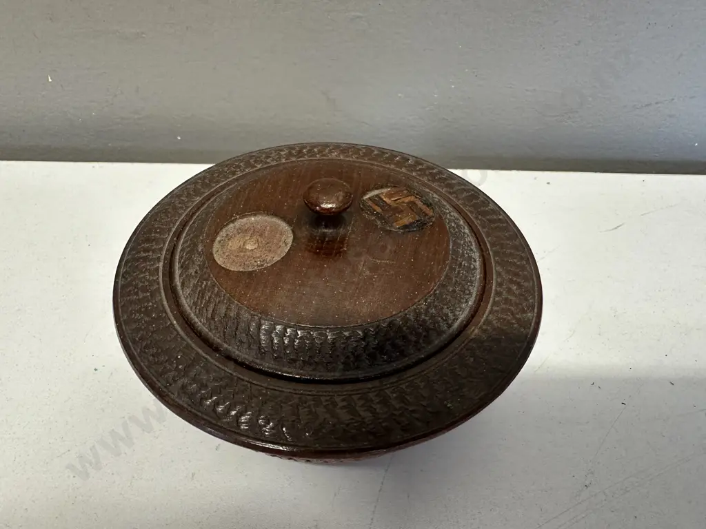 Antique Swirling Log (Good Luck Swastika) Wooden Trinket / Tobacco Bowl With Lid, Indian (As Found) Image 1++
