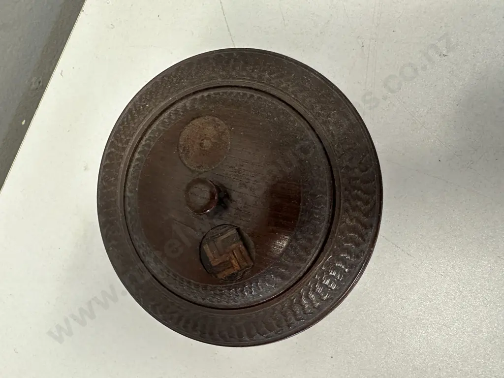 Antique Swirling Log (Good Luck Swastika) Wooden Trinket / Tobacco Bowl With Lid, Indian (As Found) Image 1++