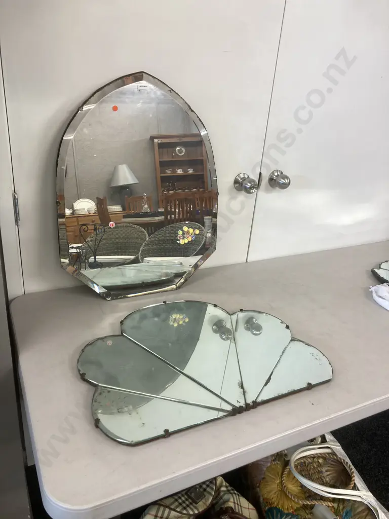 Vintage Arched Bevelled Edge Mirror. 66 x 51cm & Art Deco Fan Shaped Wall Mirror. 46 x 61cm (As Found) Image 1++