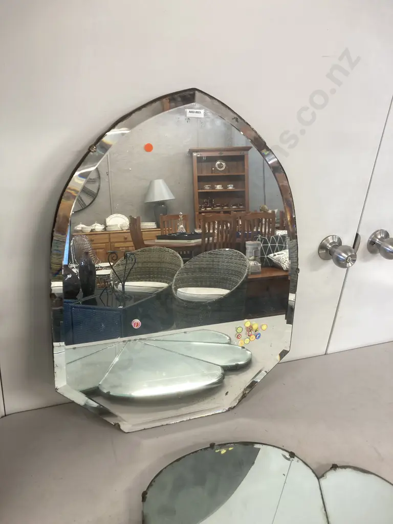 Vintage Arched Bevelled Edge Mirror. 66 x 51cm & Art Deco Fan Shaped Wall Mirror. 46 x 61cm (As Found) Image 1++