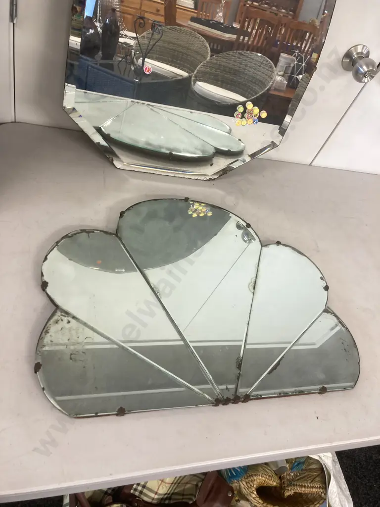 Vintage Arched Bevelled Edge Mirror. 66 x 51cm & Art Deco Fan Shaped Wall Mirror. 46 x 61cm (As Found) Image 1++