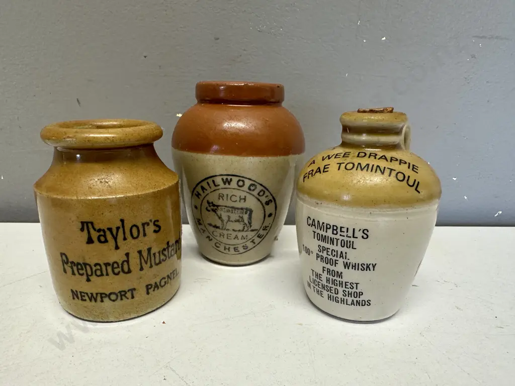 Vintage Small Ironstone Hailwoods Manchester Advertising Crock, A Wee Drappie & Taylors Mustard Pot Image 1++