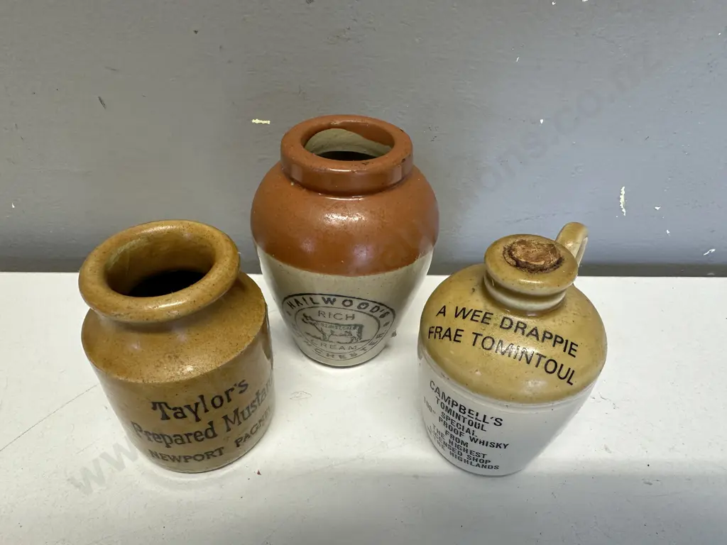 Vintage Small Ironstone Hailwoods Manchester Advertising Crock, A Wee Drappie & Taylors Mustard Pot Image 1++