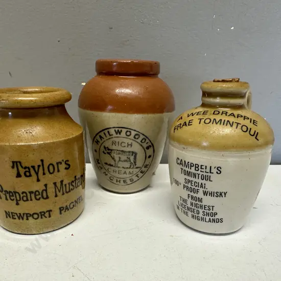 Vintage Small Ironstone Hailwoods Manchester Advertising Crock, A Wee Drappie & Taylors Mustard Pot
