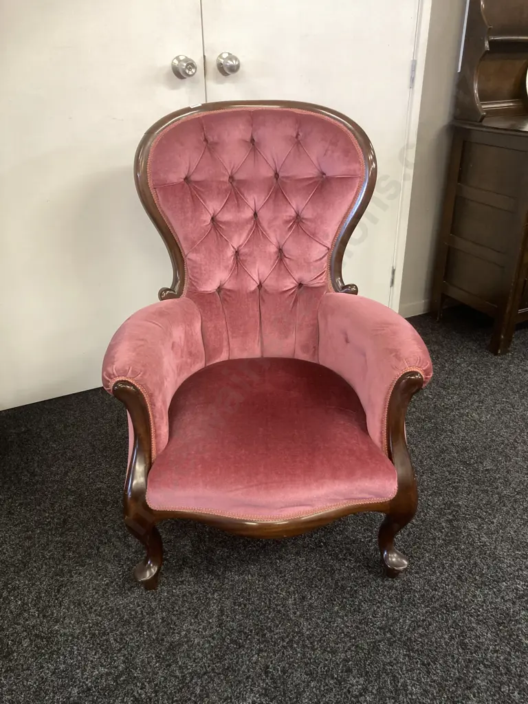 Mahogany Gentleman's Chair, Queen Anne Style Pink Draylon Button Back Image 1++