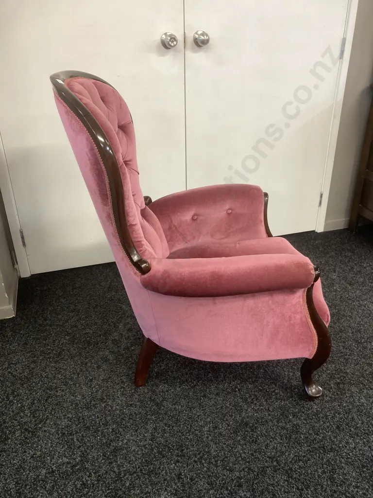 Mahogany Gentleman's Chair, Queen Anne Style Pink Draylon Button Back Image 1++