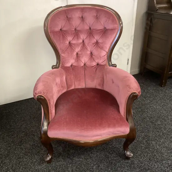 Mahogany Gentleman's Chair, Queen Anne Style Pink Draylon Button Back