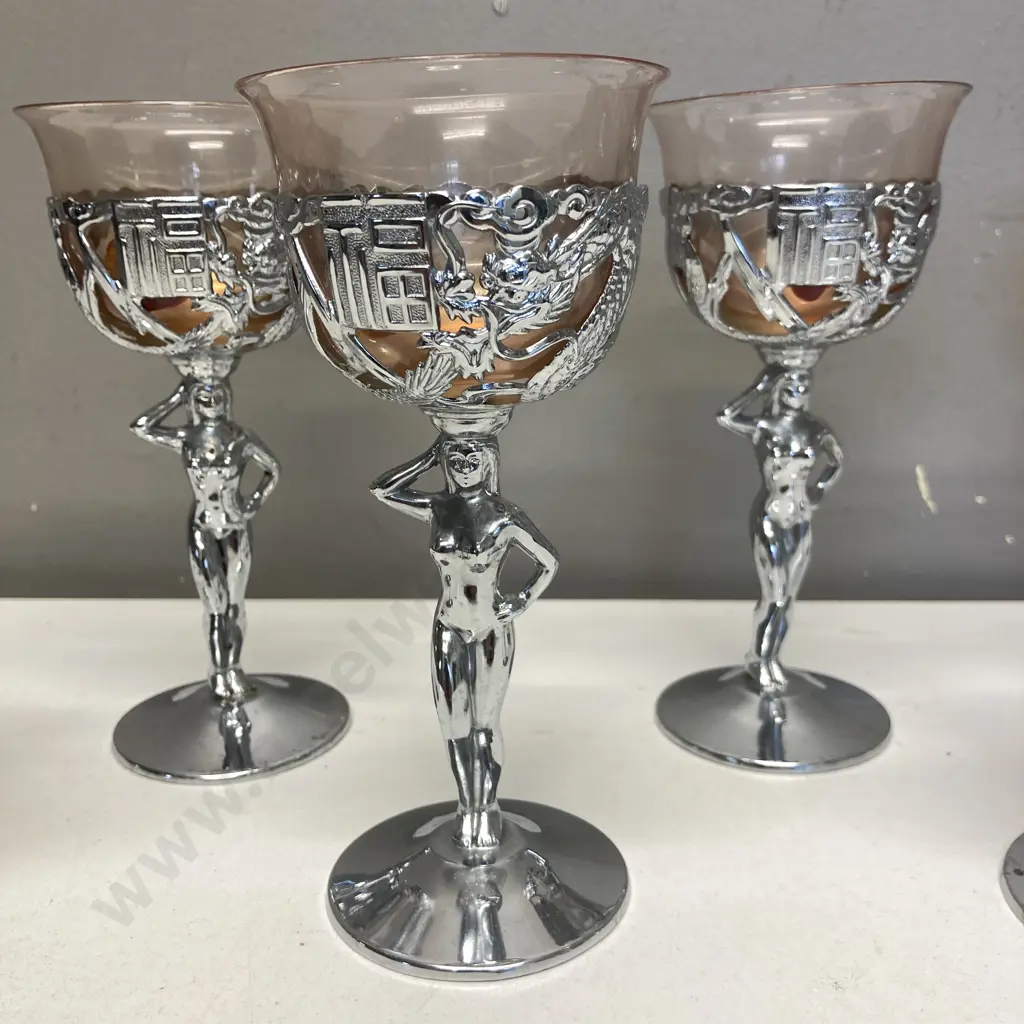 Set of Six Vintage Naked Lady Chromed Metal Candle Holders. H15cm Image 1++