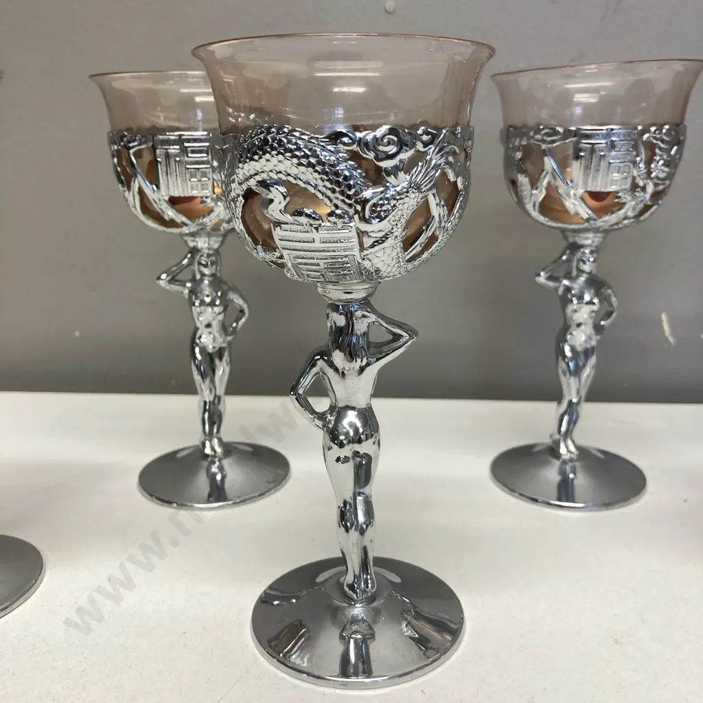 Set of Six Vintage Naked Lady Chromed Metal Candle Holders. H15cm Image 1++