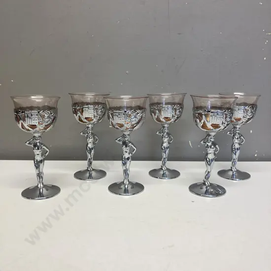 Set of Six Vintage Naked Lady Chromed Metal Candle Holders. H15cm