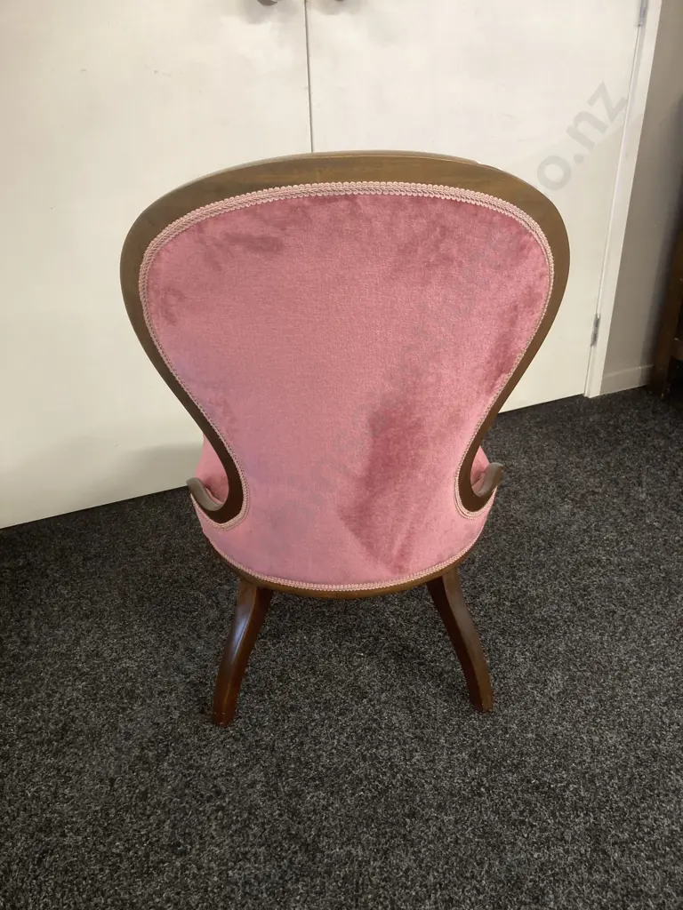 Mahogany Ladies Chair, Queen Anne Style Pink Draylon Button Back Image 1++