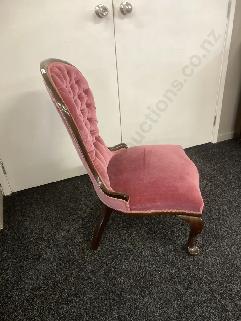 Mahogany Ladies Chair, Queen Anne Style Pink Draylon Button Back Image 1++