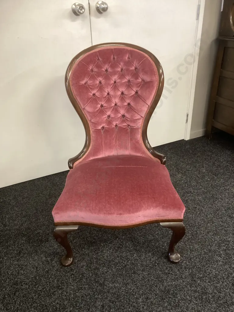 Mahogany Ladies Chair, Queen Anne Style Pink Draylon Button Back Image 1++