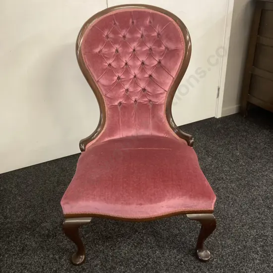 Mahogany Ladies Chair, Queen Anne Style Pink Draylon Button Back