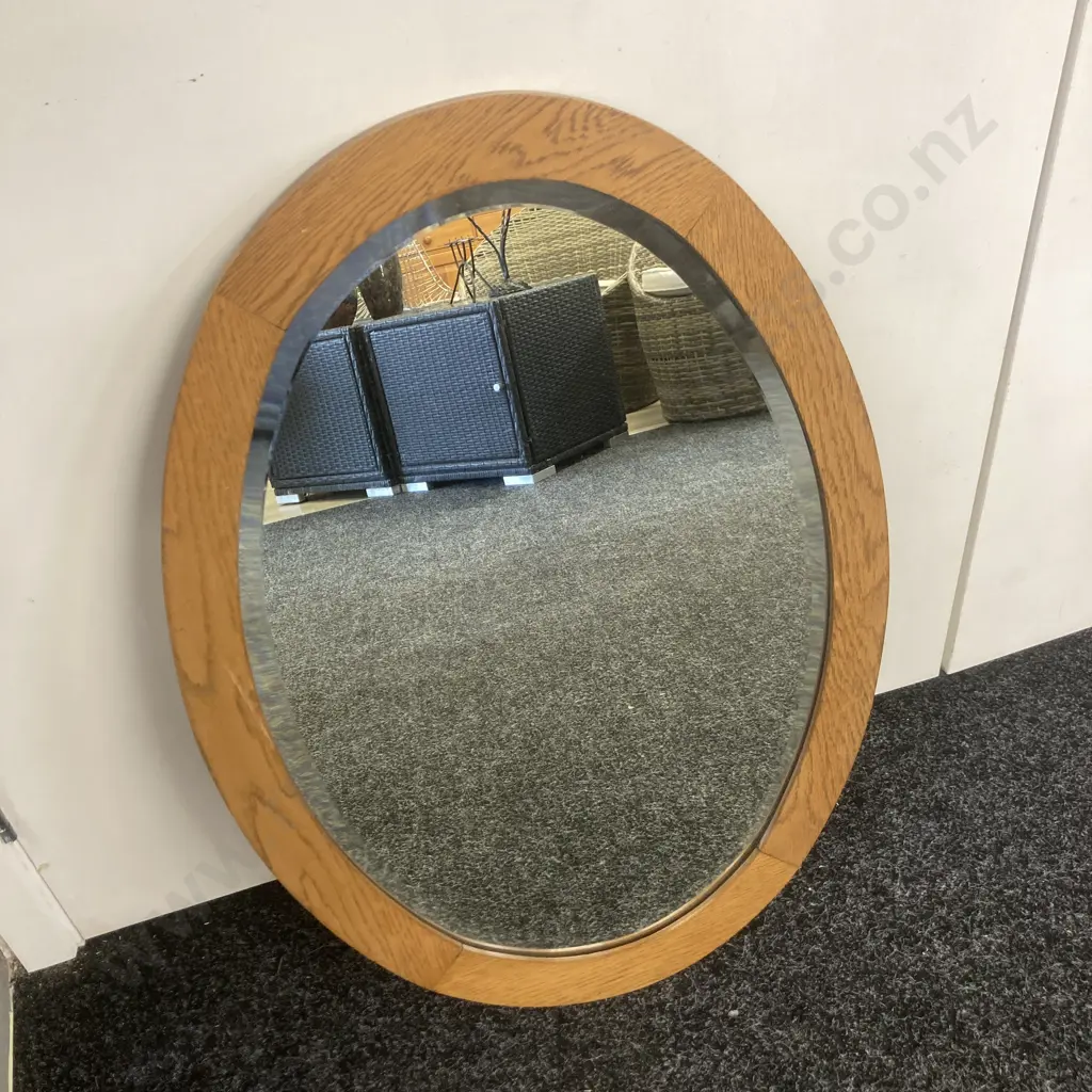 Vintage Oak Framed Oval Bevelled Edge Wall Mirror. 68.5 x 49cm Image 1++