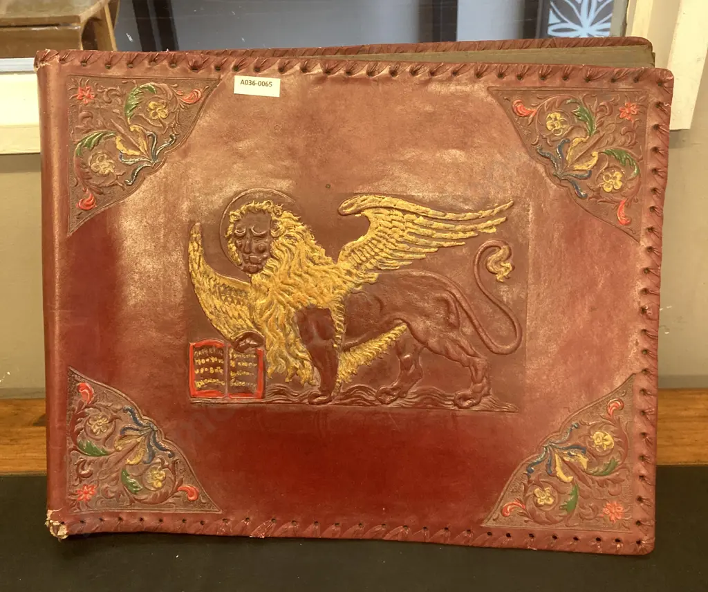 Vintage Leather Scrapbook with Embossed Griffin & Art Prints Etc Image 1++