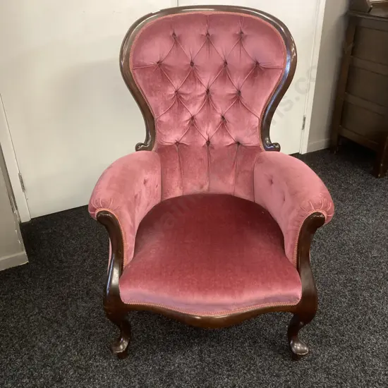 Mahogany Gentleman's Chair, Queen Anne Style Pink Draylon Button Back