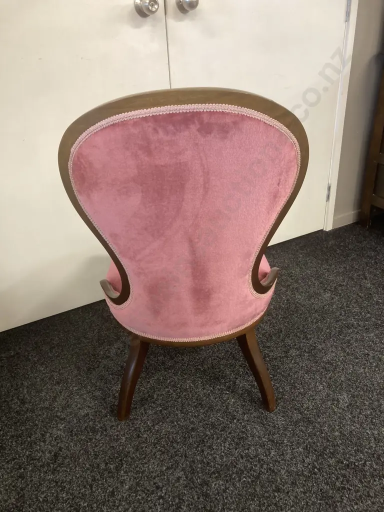 Mahogany Ladies Chair, Queen Anne Style Pink Draylon Button Back Image 1++