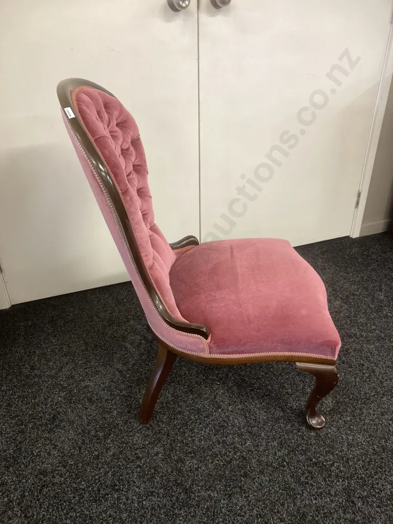 Mahogany Ladies Chair, Queen Anne Style Pink Draylon Button Back Image 1++