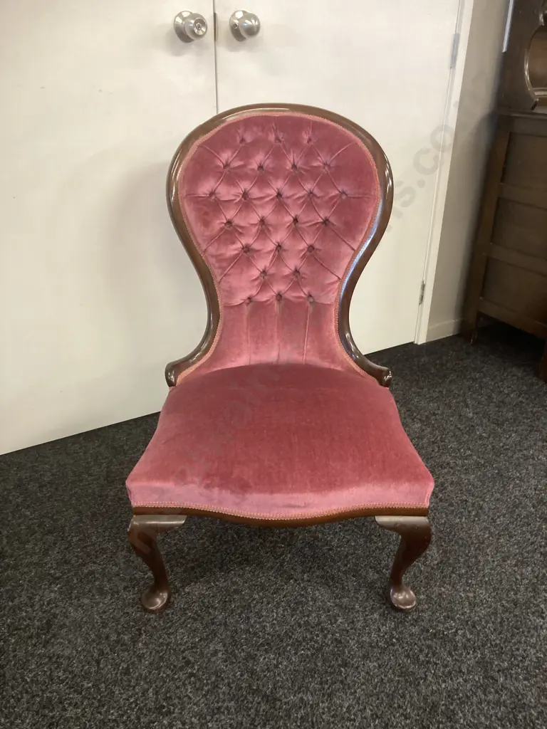 Mahogany Ladies Chair, Queen Anne Style Pink Draylon Button Back Image 1++