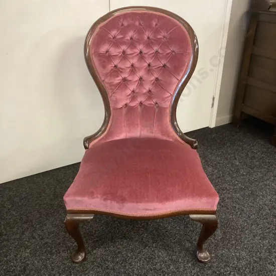 Mahogany Ladies Chair, Queen Anne Style Pink Draylon Button Back