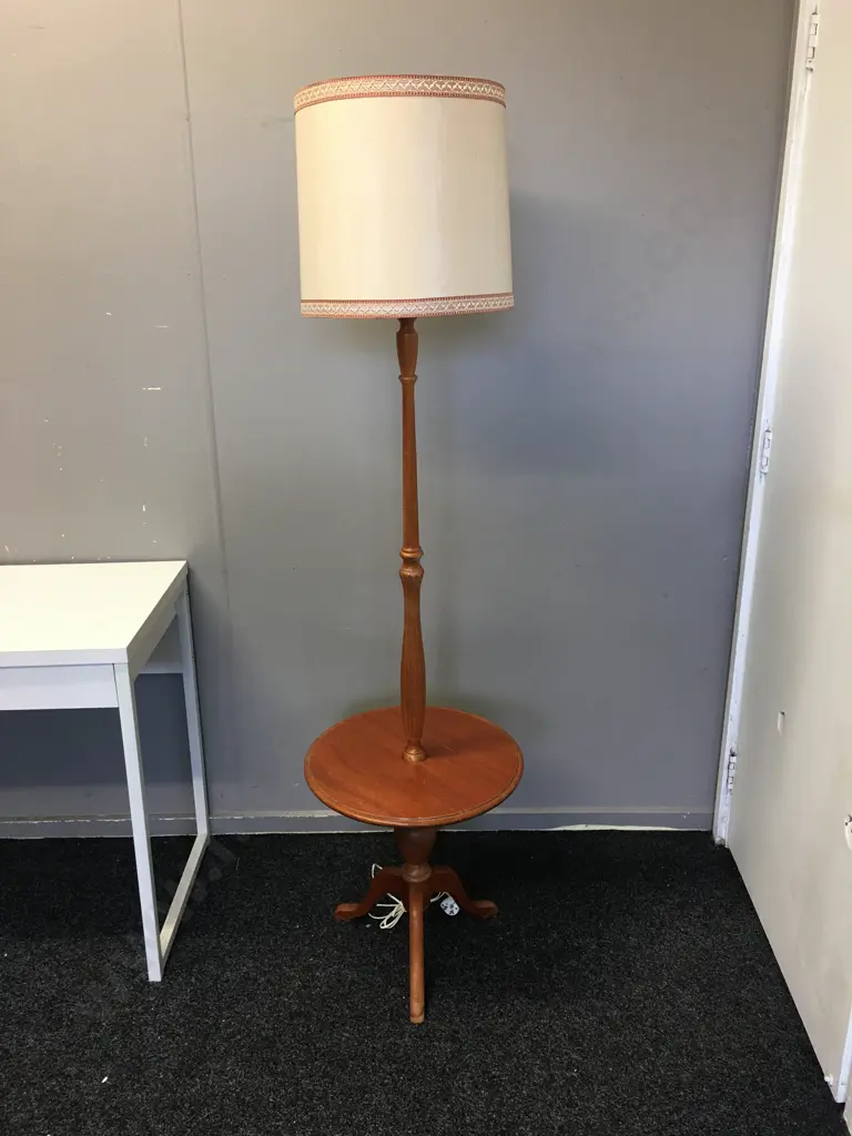 Vintage Tripod Floor Lamp With Integrated Table & Cream Patterned Shade H168 Image 1++