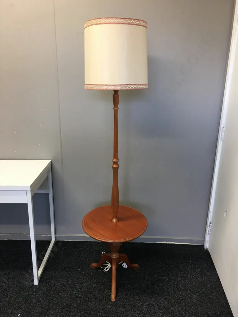 Vintage Tripod Floor Lamp With Integrated Table & Cream Patterned Shade H168 Image 1++