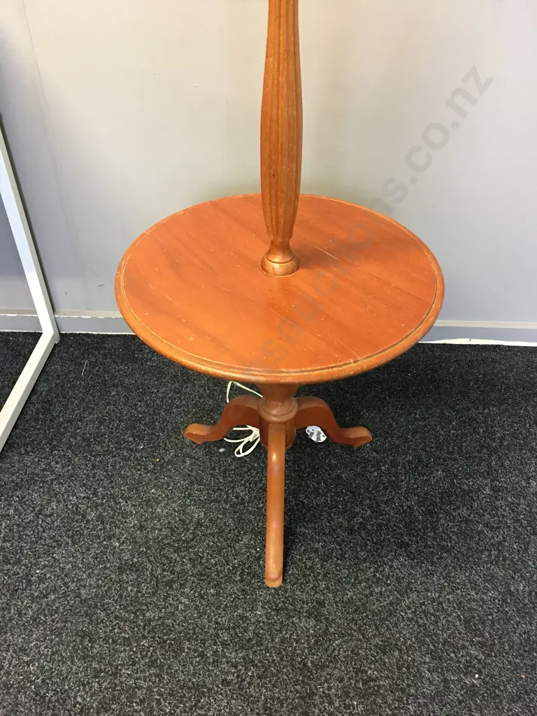 Vintage Tripod Floor Lamp With Integrated Table & Cream Patterned Shade H168 Image 1++