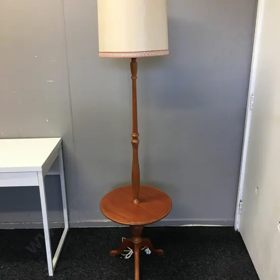 Vintage Tripod Floor Lamp With Integrated Table & Cream Patterned Shade H168