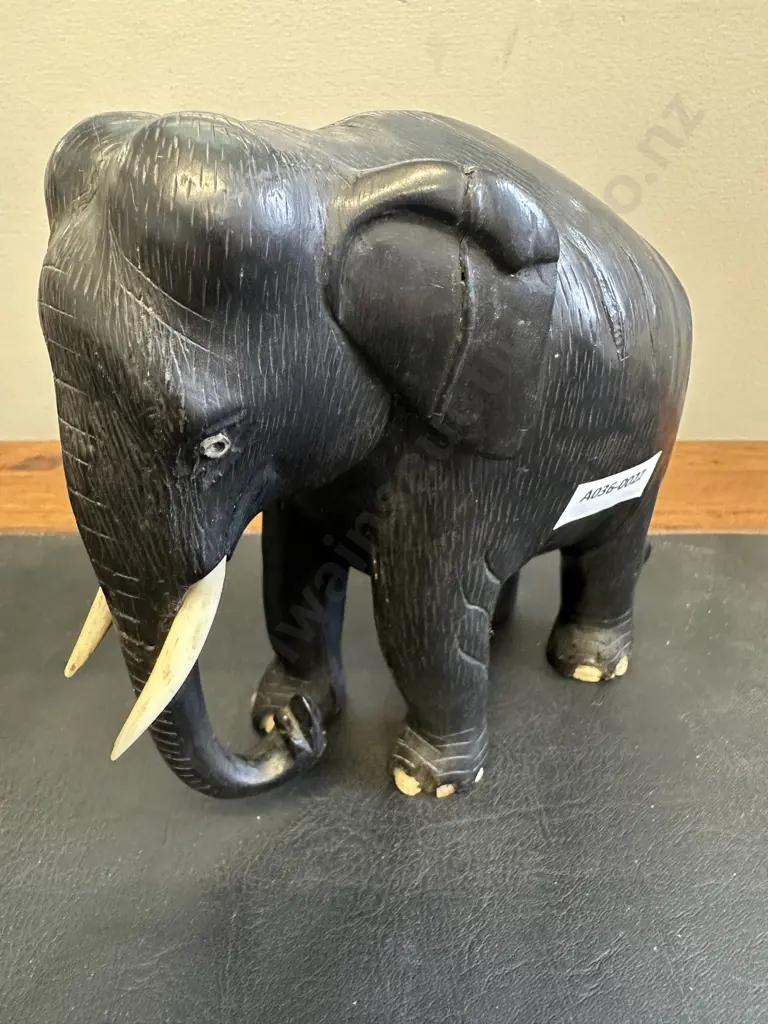 19th Century Ebony Elephant, Sculptured Solid Ebony With Original Carved Bone Tusks Toes & Eyes. H15 W16 D9cm Image 1++