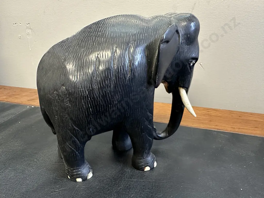 19th Century Ebony Elephant, Sculptured Solid Ebony With Original Carved Bone Tusks Toes & Eyes. H15 W16 D9cm Image 1++